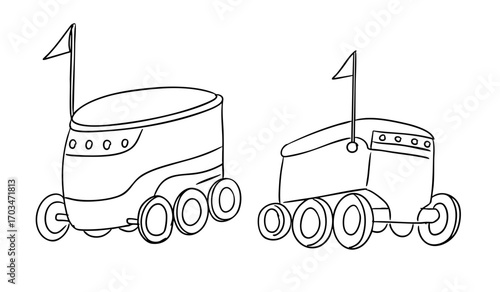 Hand drawn delivery robots with wheels and flags in a futuristic, minimalist style. This vector represents autonomous technology and urban innovation in transportation
