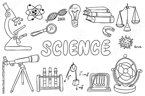 Hand drawn science doodles including microscope, DNA, telescope, virus, and formulas in a playful composition. This vector illustrates educational science elements and school-themed learning tools