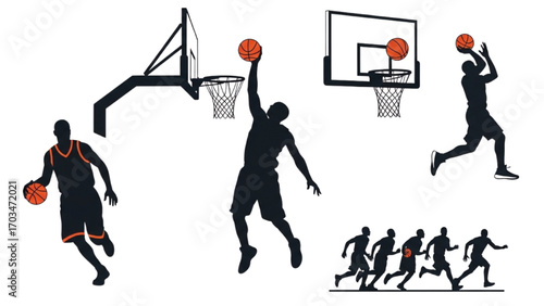 Basketball and Basketball Player Vector Silhouette Illustration Set AI EPS PNG