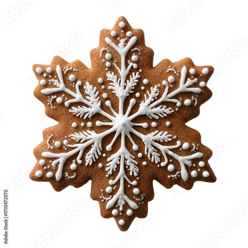Delicious gingerbread cookie shaped like a snowflake, decorated with intricate white icing. Perfect for holiday baking and festive treats.