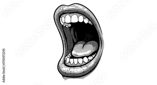 Dramatic Open Mouth Vector Illustration in Halftone Style Black and White