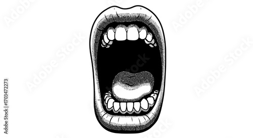 Illustration of an open mouth with teeth and tongue in black and white