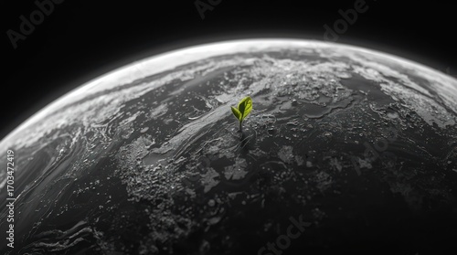A solitary green sprout emerges from a textured, dark planet, symbolizing hope and renewal in space