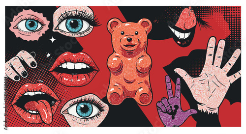 Surreal Pop Art Collage with Gummy Bear Eyes Lips and Hands Illustration
