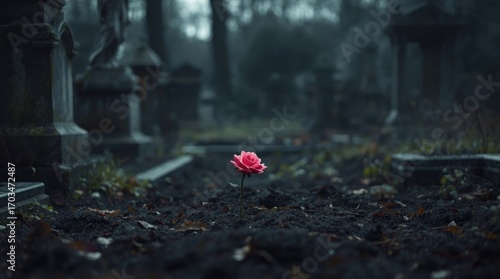 A solitary pink rose blooming in a misty graveyard surrounded by ancient tombstones