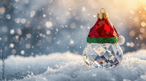 A sparkling crystal ornament with a Santa hat resting on snow, with a blurred festive background