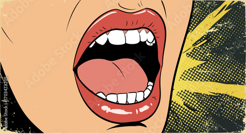 Pop art illustration of a screaming woman with halftone background design