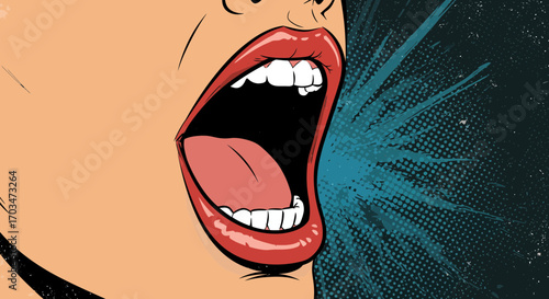 Expressive Pop Art Illustration of a Woman Shouting Loudly with Open Mouth