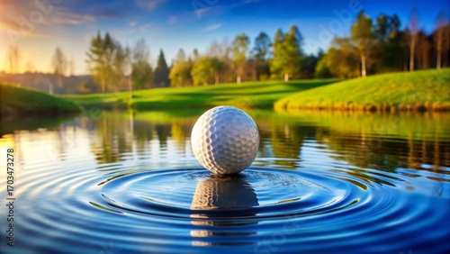 Serene Golf Ball Resting on a Calm Lake's Surface at Sunset, Creating Concentric Ripples in the Water