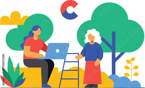 Two women interacting with technology in a stylized outdoor setting illustration people