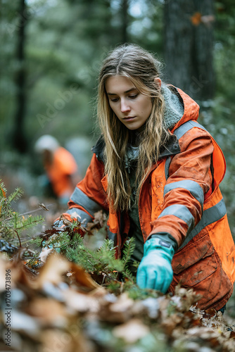 Volunteer participates in nature cleanup while promoting ecological responsibility outdoors