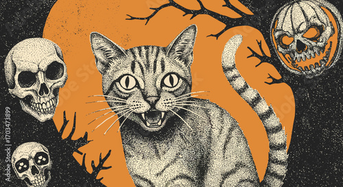 Vintage Halloween Illustration with Striped Cat Skulls and Pumpkin Lantern