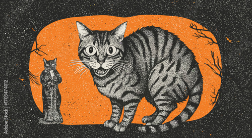 Spooky Vintage Halloween Illustration Featuring Black Cat and Cat Statue in Night Scene