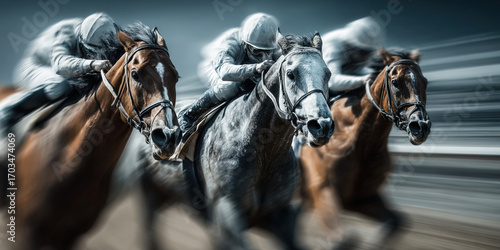 Fast horses sprinting alongside jockeys at the racetrack during an exciting race event