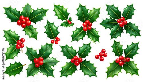 Holiday holly pattern.  Bright green holly leaves with clusters of red berries.  Repeating design