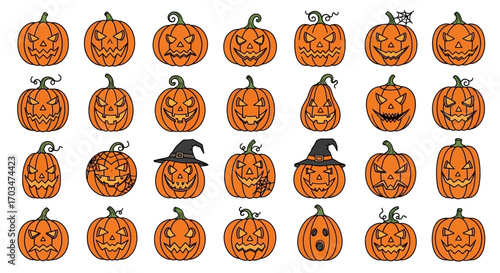 An assortment of thirty distinct orange Halloween pumpkins, each featuring a unique carved jack-o'-lantern face, some with witch hats.