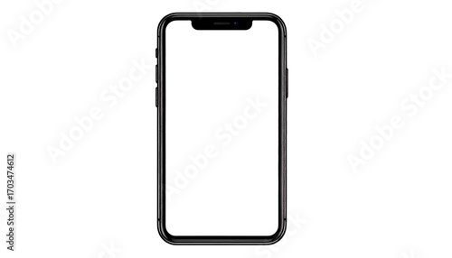 Dark smartphone, front view, black screen.  Modern, sleek, and minimalist design.  A vertical rectangle, with a dark border.  Small details on the sides and top suggest buttons and sensor areas
