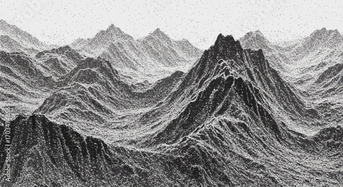 Monochromatic mountain range landscape with grainy texture and snowy peaks