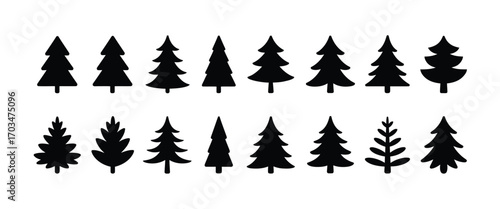 Christmas Tree Icon Set – Minimal Pine Silhouette Vector, Holiday Decoration, Winter Festive Symbol, Evergreen Tree Illustration for Greeting Cards, Posters, Logos, Web, Digital Design, and Seasonal P