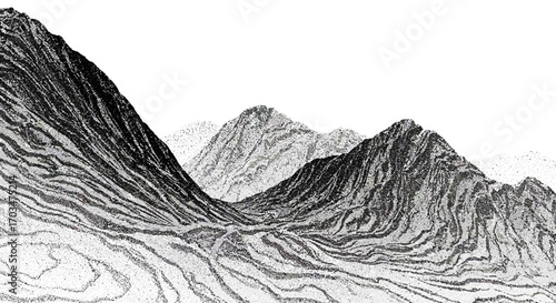 Abstract monochrome landscape featuring mountains with unique line patterns design