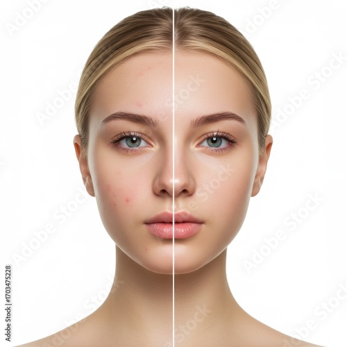 Young woman with acne before and after skin care procedure comparison  