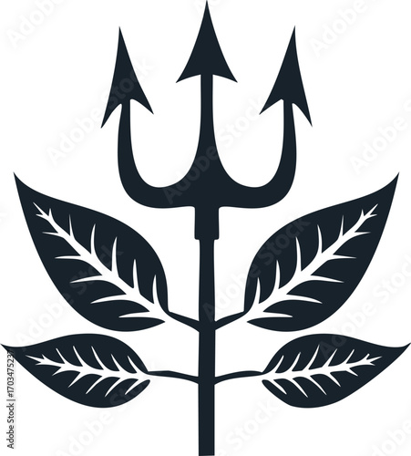 Black trident with detailed leaves logo Keywords: trident, leaves, plant, nature, symbol, logo