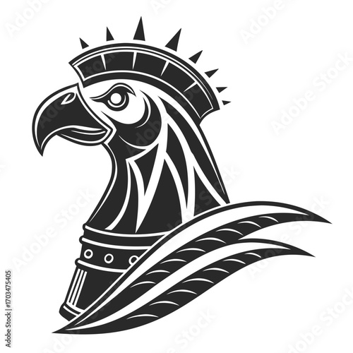 Monochrome Tribal or Heraldic style icon of a bird (eagle/griffin) head with a feathered crest, perfect for a logo, sports team badge, tattoo design, or gaming blog mascot.

