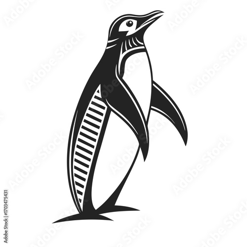 A tribal-style vector illustration of a standing penguin, suitable for websites or blogs about wildlife, conservation, Antarctica, or mascots.

