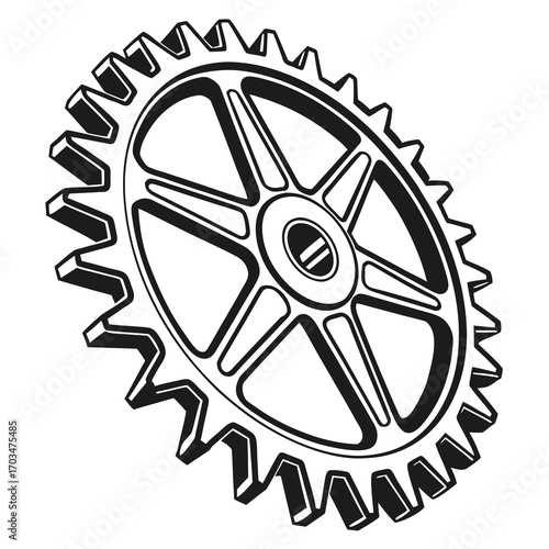 High-contrast black and white graphic illustration of a single mechanical gear wheel shown at a slight angle, giving it a 3D, industrial look. Ideal for concepts related to engineering, mechanics