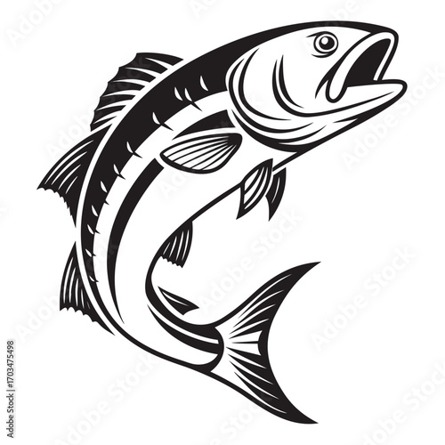 Black and white graphic of a large fish jumping/leaping with its mouth open. Excellent for fishing, seafood, sport, or aquatic life blogs/sites and logos