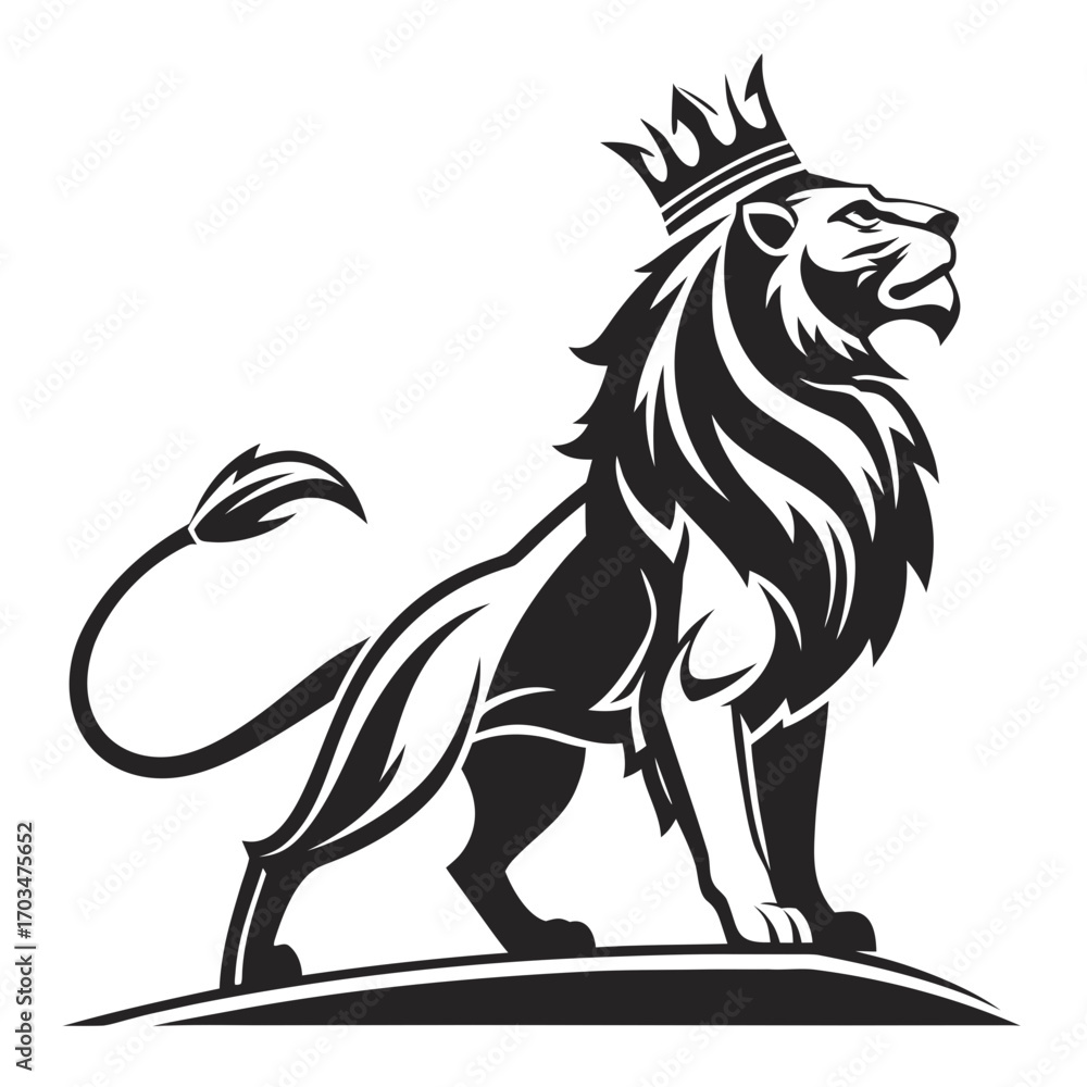 Obraz premium A vector icon of a regal lion wearing a crown, suitable for websites or blogs related to leadership, royalty, power, and strength, or for use as a company logo or sports team mascot.