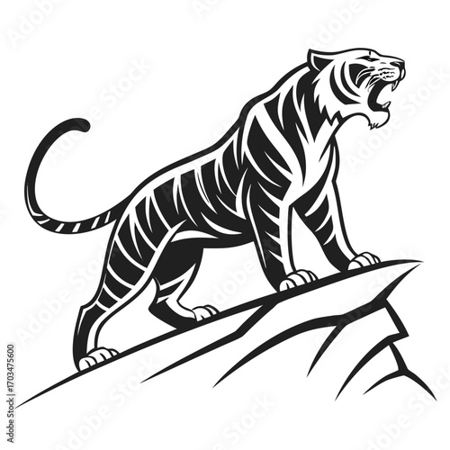 A black and white vector logo of a tiger in a seated or crouching position with stylized stripes. Great for brand identity, sports team logos, or blogs about power and wildlife.


