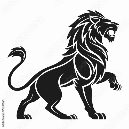 A black silhouette vector logo of a lion rampant with a flowing mane, roaring in a powerful pose. Ideal for brand identity, sports teams, or blogs about leadership and authority.

