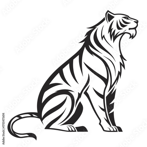 A black and white vector logo of a tiger in a seated or crouching position with stylized stripes. Great for brand identity, sports team logos, or blogs about power and wildlife.

