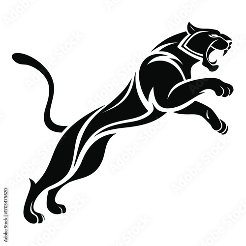 A black silhouette vector logo of a panther or jaguar in a leaping position with its mouth open. Excellent for sports team logos, brand identity, blogs about strength, or fitness.

