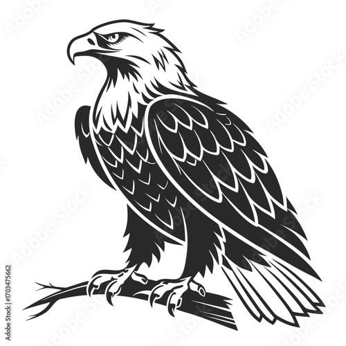 A black and white vector logo of a bald eagle perched on a branch in an alert, powerful pose. Ideal for brand identity, sports teams, or blogs about leadership and patriotism.

