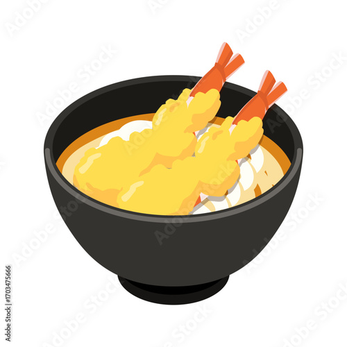 Tempura udon in black bowl - flat vector illustration, Japanese food icon