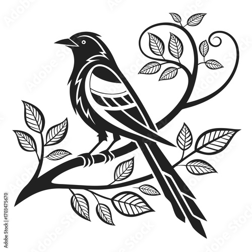 A simple black and white vector icon of a bird perched on a branch with leaves, suitable for websites or blogs about nature, environment, or spring.

