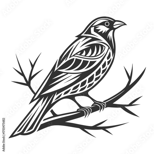 A tribal-style vector illustration of a perched bird on a branch, ideal for websites or blogs about wildlife, nature, freedom, or mascots.

