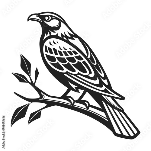 A tribal-style vector illustration of a perched bird on a branch, ideal for websites or blogs about wildlife, nature, freedom, or mascots.

