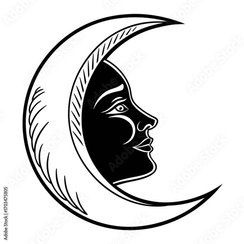 A classic black-and-white icon of a crescent moon with a face in profile, ideal for websites or blogs about astrology, fantasy, or spirituality. The icon has a vintage, occult style.

