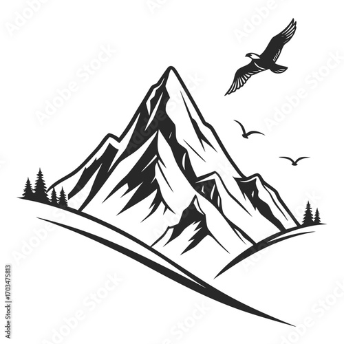 A striking line art icon of a mountain peak with an eagle flying above, ideal for websites or blogs about hiking, adventure, or nature. The image has a detailed, graphic style.

