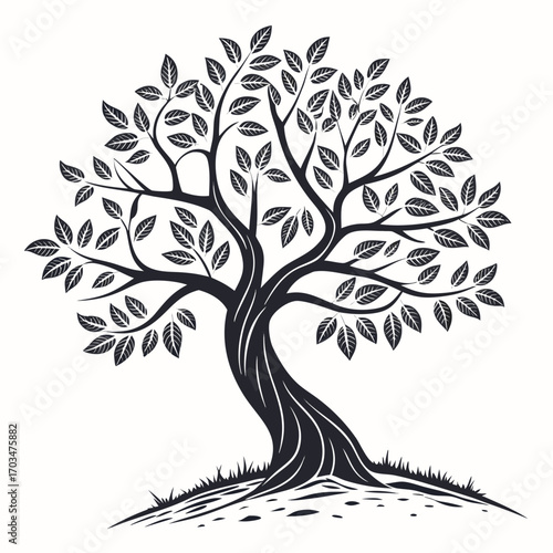 black and white vector illustration of tree with detailed trunk and leaves,suitable for websites or blogs about nature,environment,genealogy for logos or as sticker