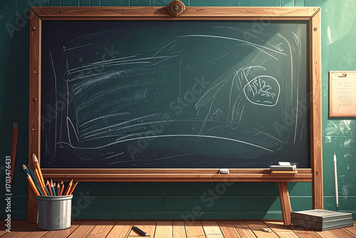 Cartoon-style school chalkboard filled with white chalk drawings and text, playful educational illustration with hand-drawn elements and classroom atmosphere.