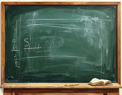 Cartoon-style school chalkboard filled with white chalk drawings and text, playful educational illustration with hand-drawn elements and classroom atmosphere.
