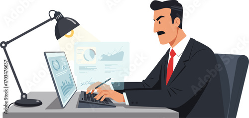 Focused businessman working late at office desk, analyzing data on computer, modern workspace, office lamp, professional man in suit, business analysis.