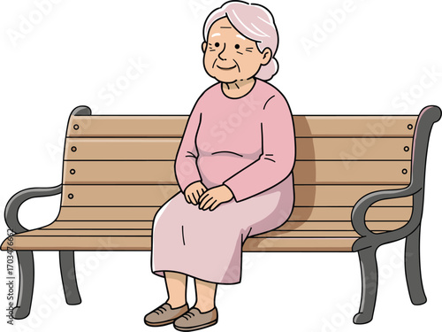 Elderly woman sitting alone on wooden park bench, wearing pink dress, calm expression, senior citizen relaxing, outdoor peaceful moment, nature background.