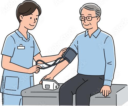 Nurse measuring blood pressure of elderly man, healthcare professional caring patient, medical checkup, health monitoring, doctor nurse clinic cartoon illustration.