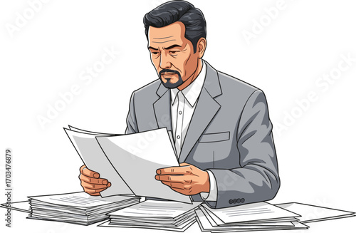 Serious businessman reading documents, male executive in formal suit working with paperwork at office desk, corporate analysis concept illustration.