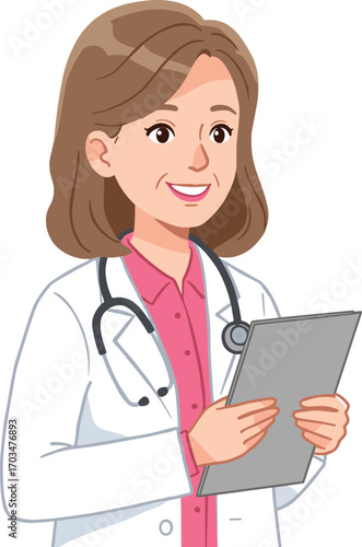 Smiling female doctor holding clipboard, wearing white coat and stethoscope, medical professional, healthcare worker, patient consultation, hospital, clinic, medical care illustration.
